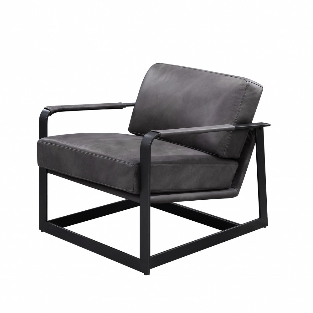 28" Gray and Steel Blue Top Grain Leather Arm Chair