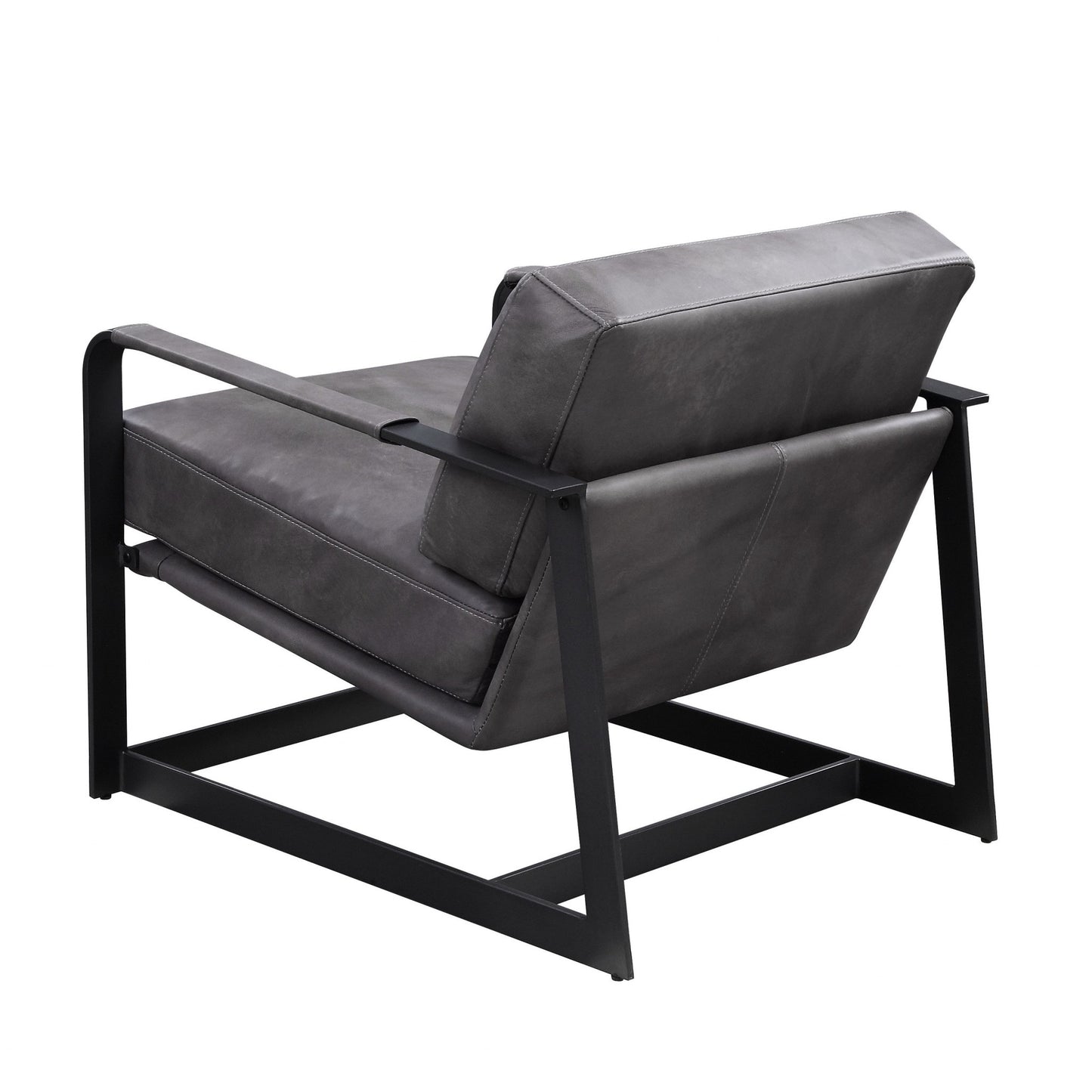 28" Gray Black Top Grain Leather And Steel Solid Color Arm Chair