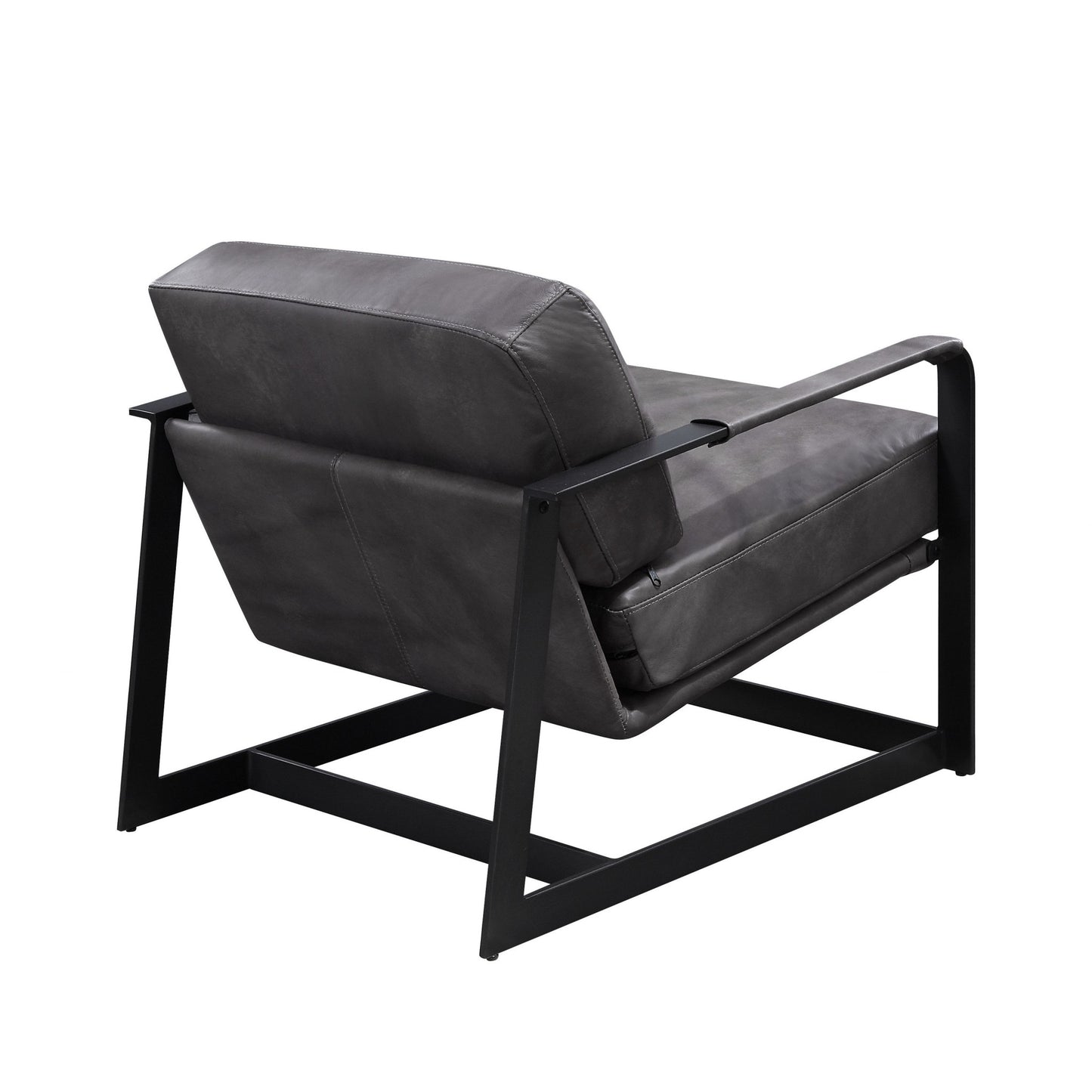 28" Gray Black Top Grain Leather And Steel Solid Color Arm Chair