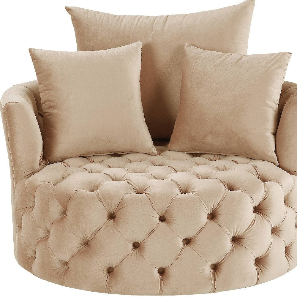 43" Beige Velvet Tufted Swivel Barrel Chair And Toss Pillows