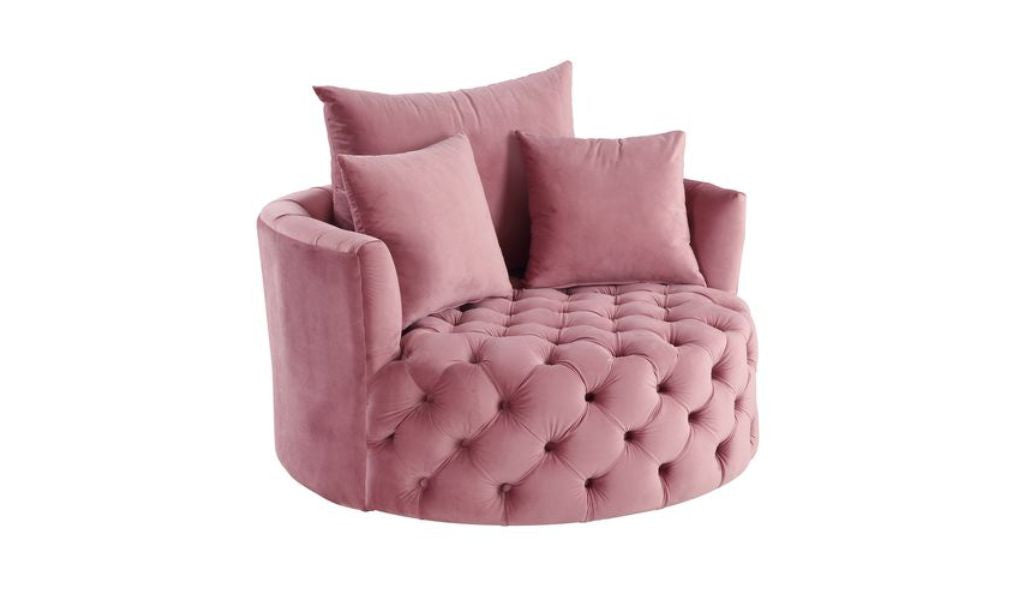 43" Pink Velvet Tufted Swivel Barrel Chair And Toss Pillows