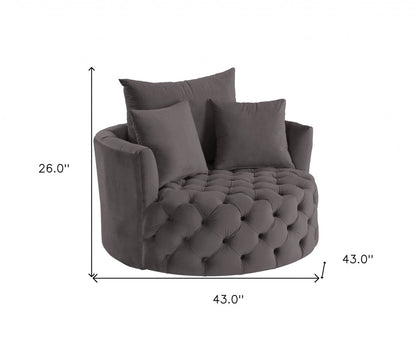 43" Gray Velvet Tufted Swivel Barrel Chair And Toss Pillows