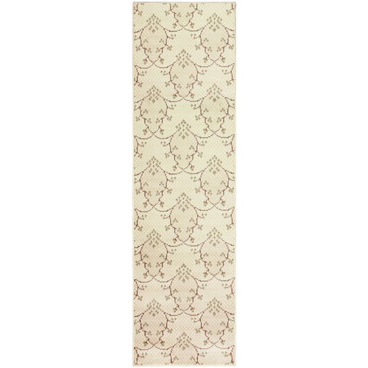 8' Runner Beige Green And Brown Floral Stain Resistant Runner Rug