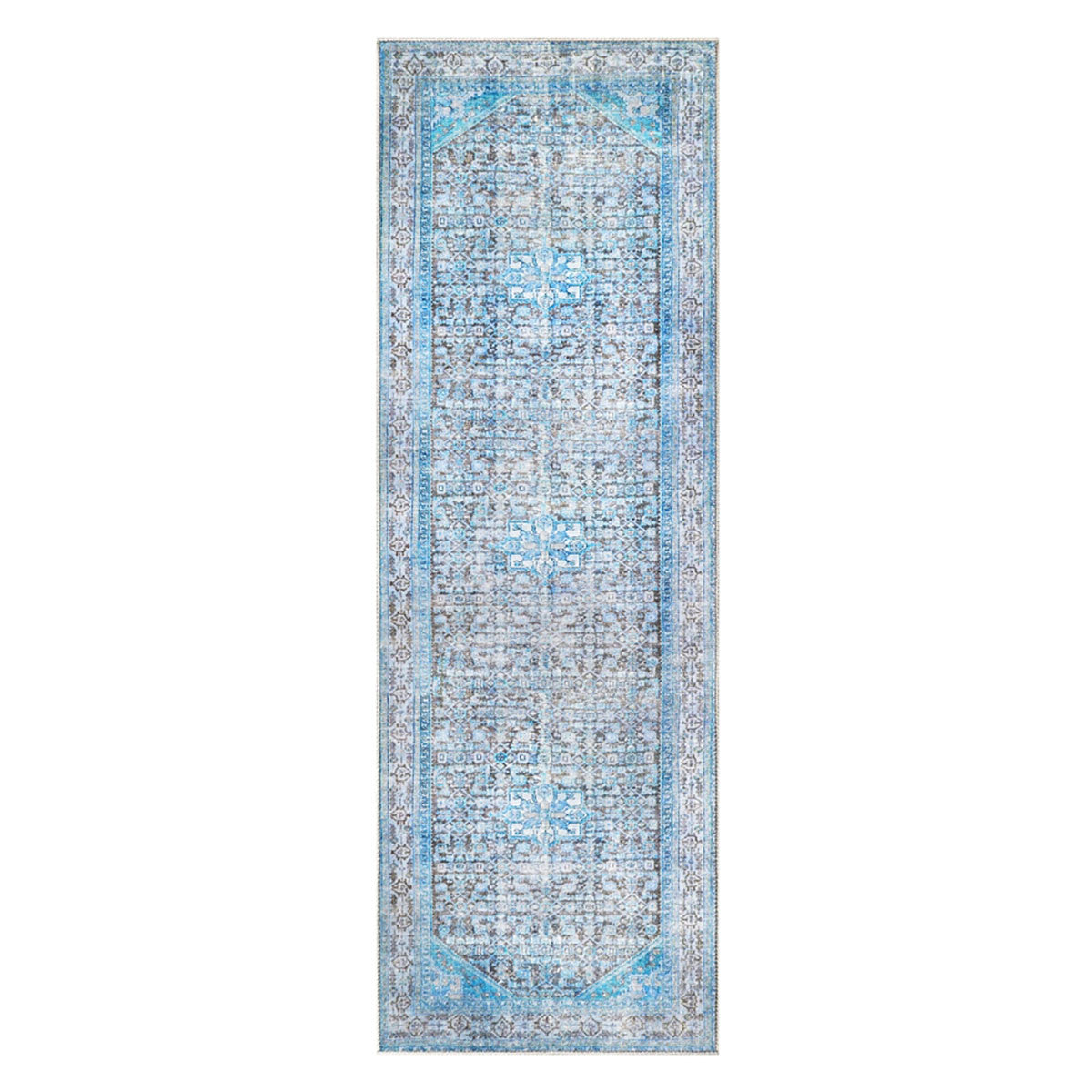 8' Shades Of Azure Oriental Power Loom Stain Resistant Runner Rug