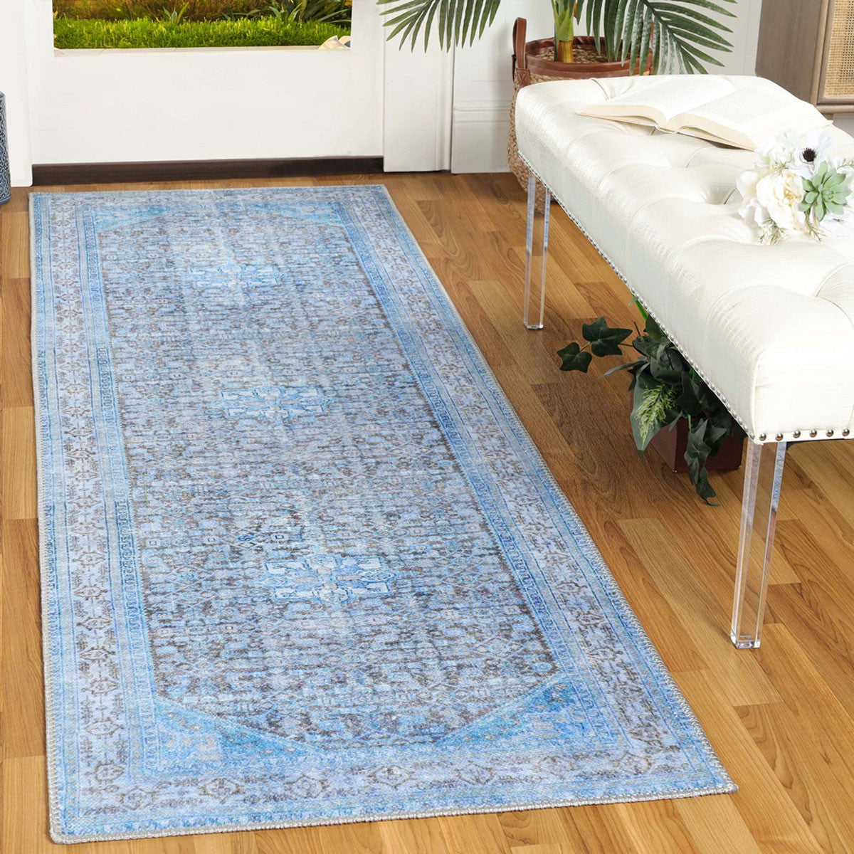 8' Shades Of Azure Oriental Power Loom Stain Resistant Runner Rug