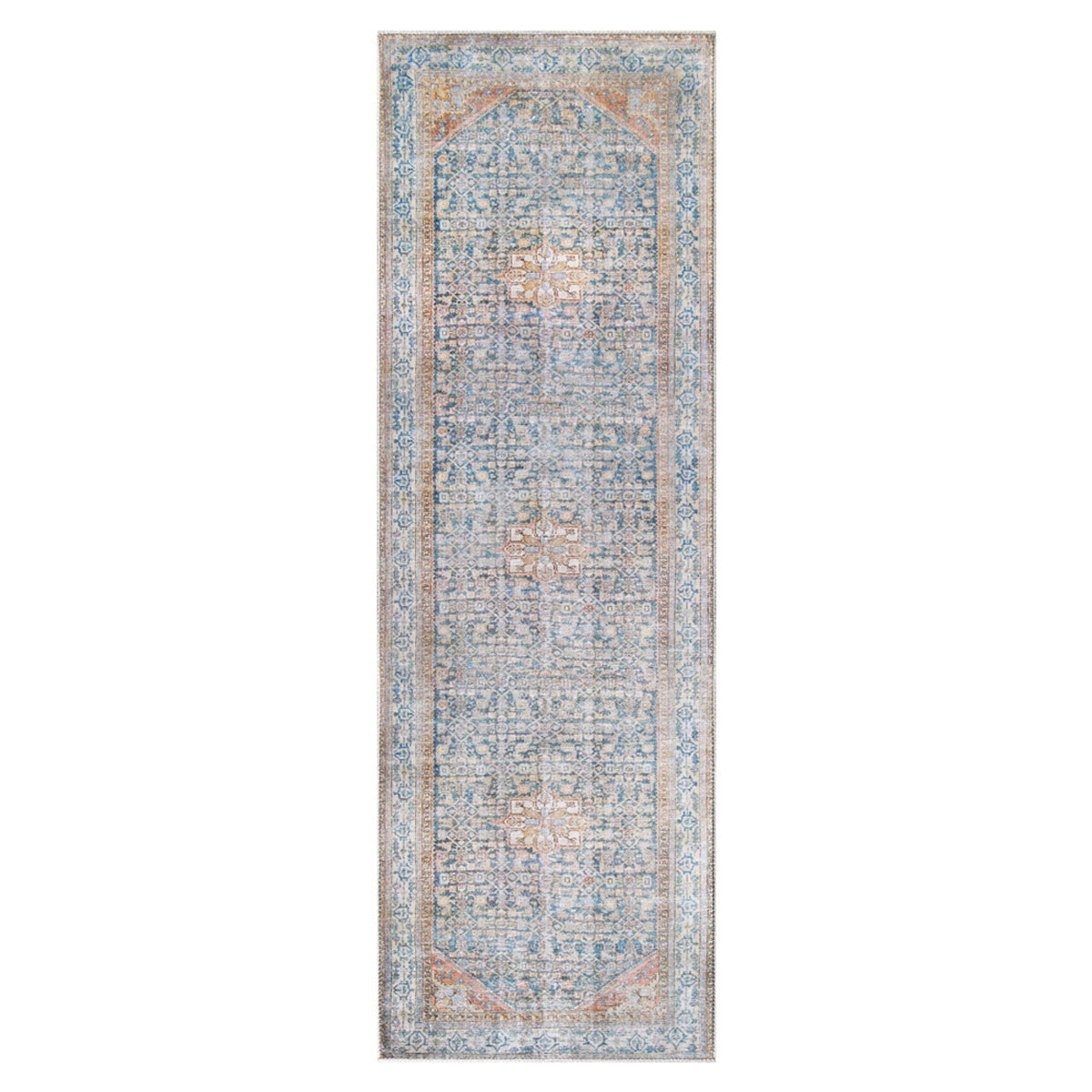 8' Runner Latte and Blue Oriental Medallion Runner Rug