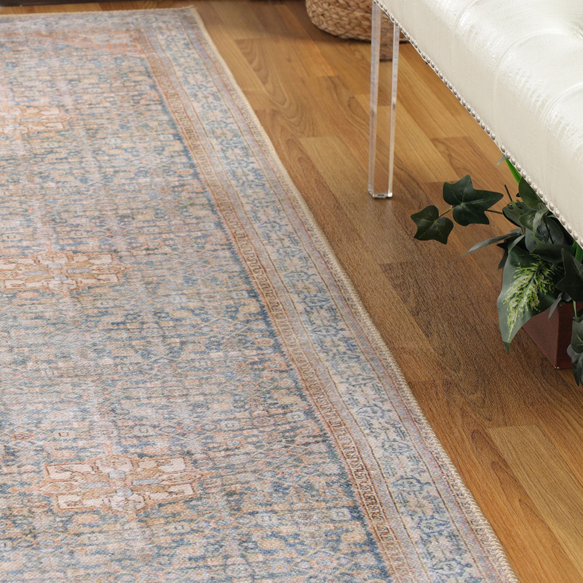 8' Runner Latte and Blue Oriental Medallion Runner Rug