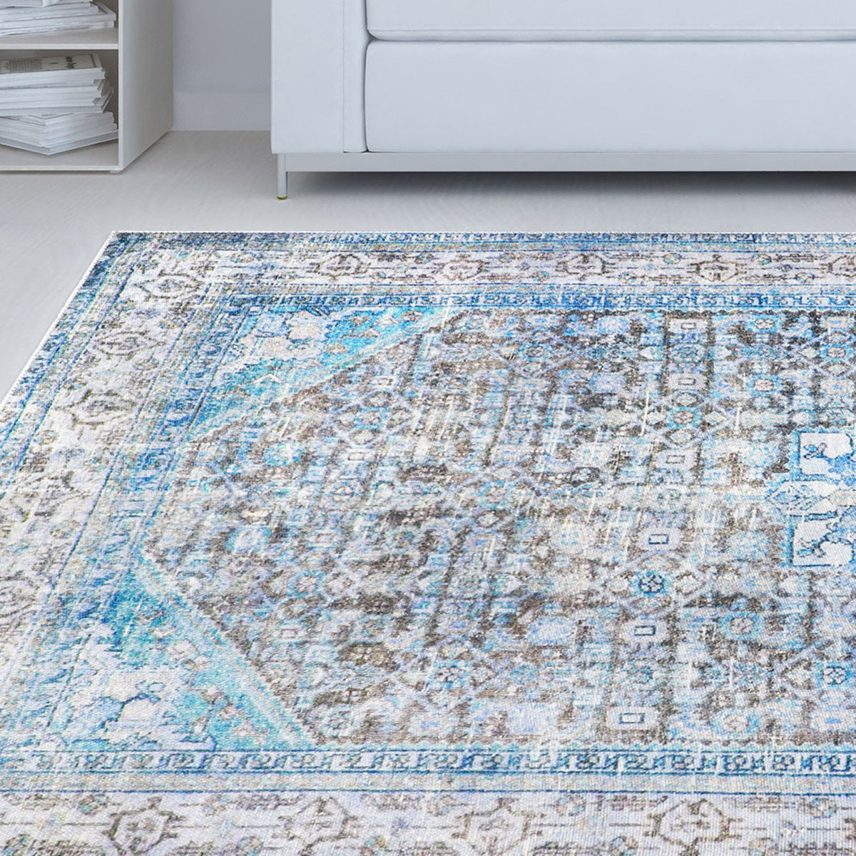 3' X 5' Shades Of Azure Oriental Stain Resistant Area Rug