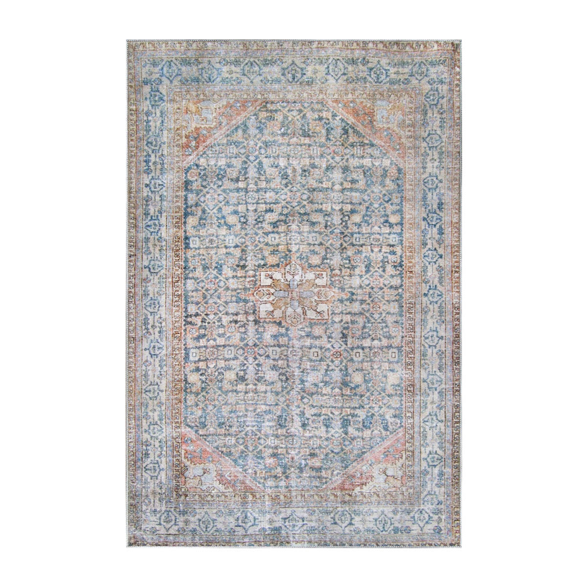 3' X 5' Latte And Blue Oriental Medallion Stain Resistant Area Rug