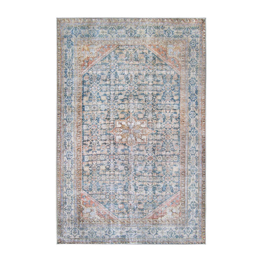 5' X 7' Latte and Blue Oriental Medallion Stain Resistant Area Rug