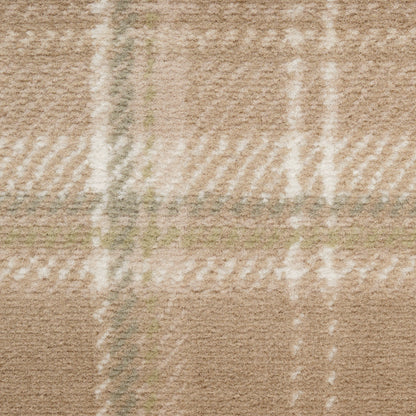 Beige plaid wool rug with white and pale green stripes, soft textured textile.