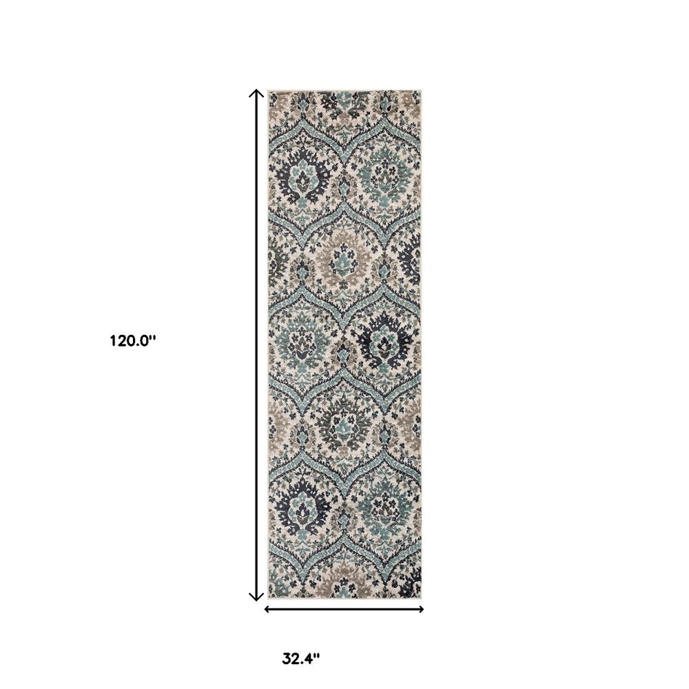 10' Ivory Blue And Gray Medallion Runner Rug