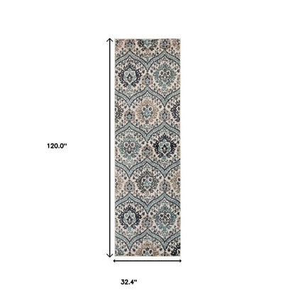 10' Ivory Blue And Gray Medallion Runner Rug