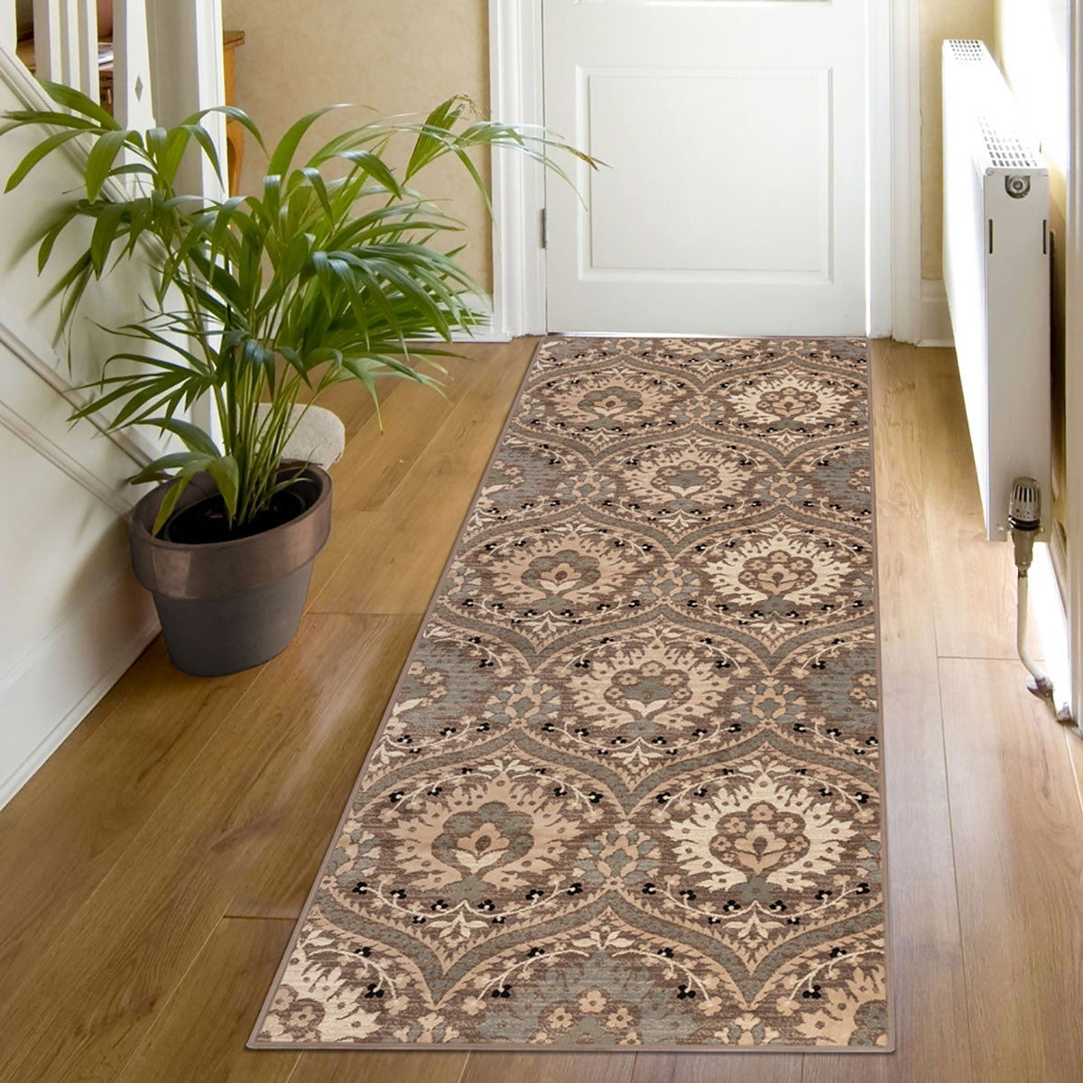 10' Ivory Beige And Light Blue Floral Stain Resistant Runner Rug