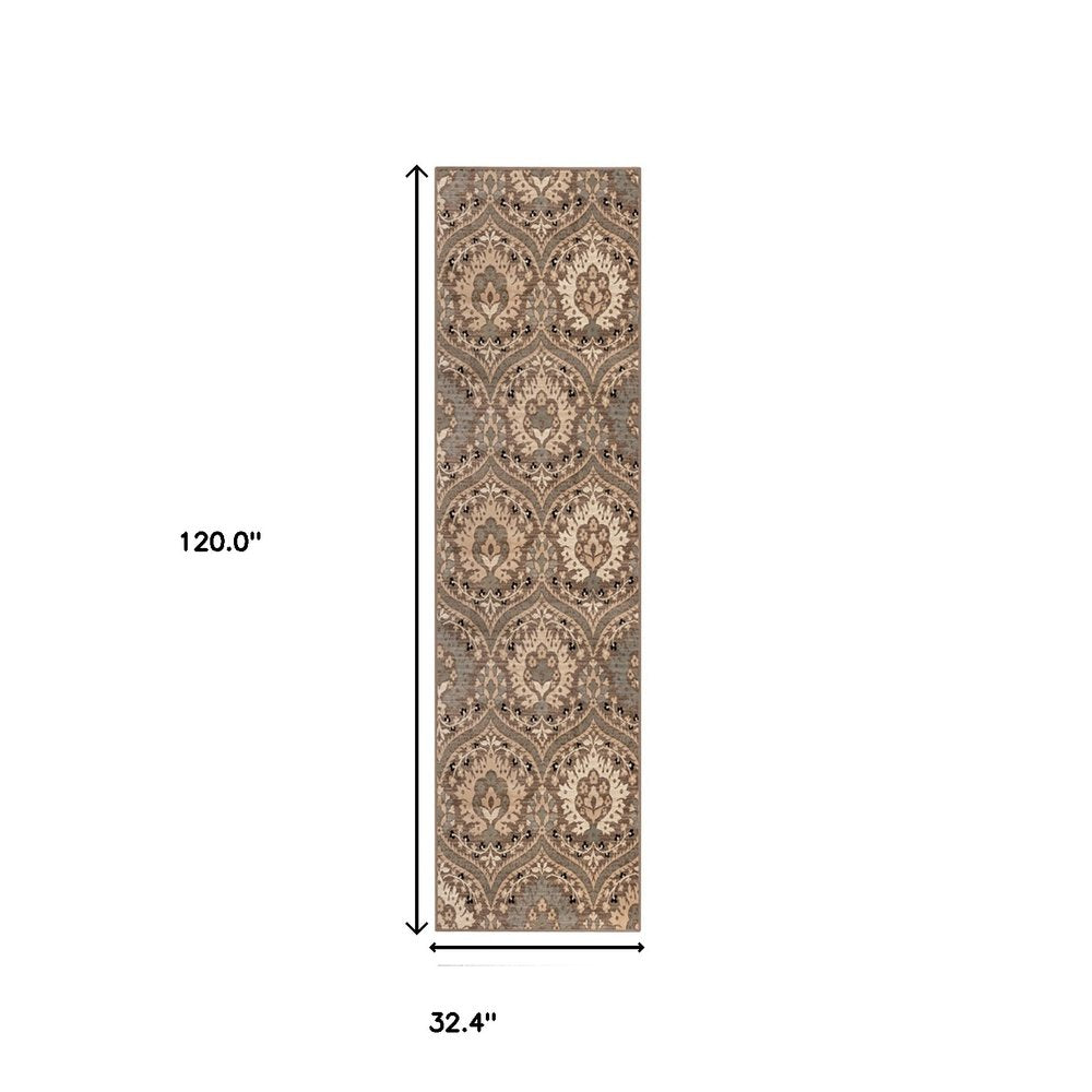 10' Beige And Ivory Floral Runner Rug