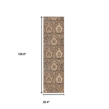 10' Beige And Ivory Floral Runner Rug