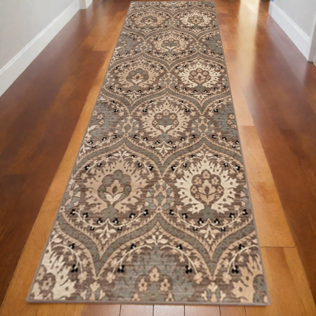 10' Ivory Beige And Light Blue Floral Stain Resistant Runner Rug