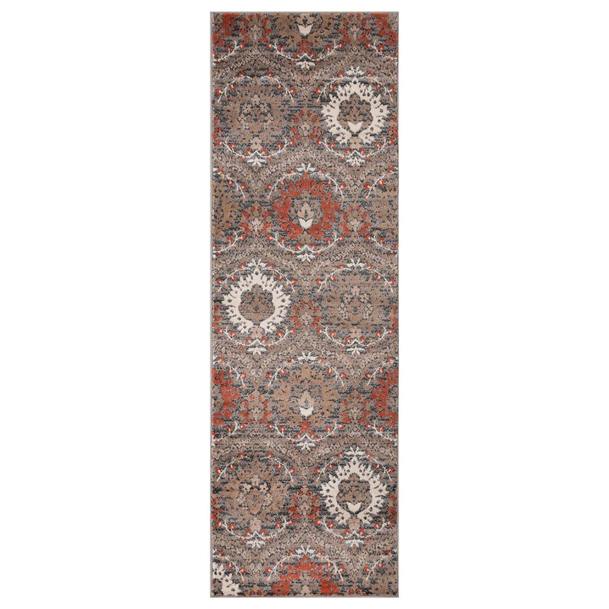 10' Rust And Gray Floral Stain Resistant Runner Rug