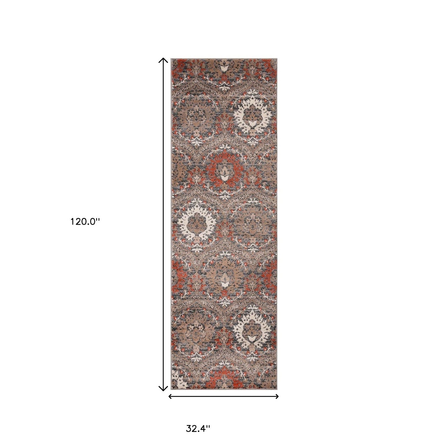 10' Rust And Gray Floral Stain Resistant Runner Rug
