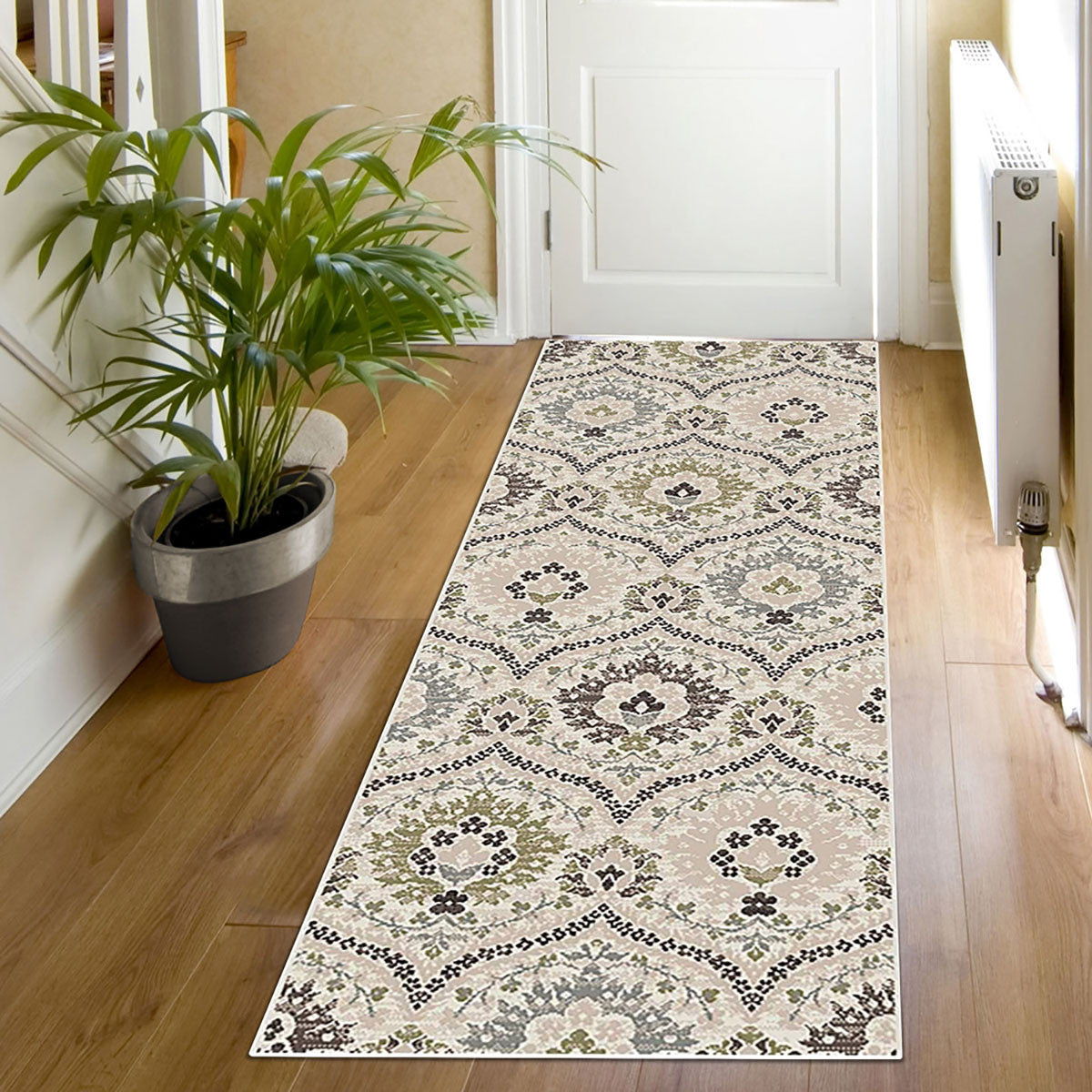 12' Ivory Gray And Olive Floral Stain Resistant Runner Rug