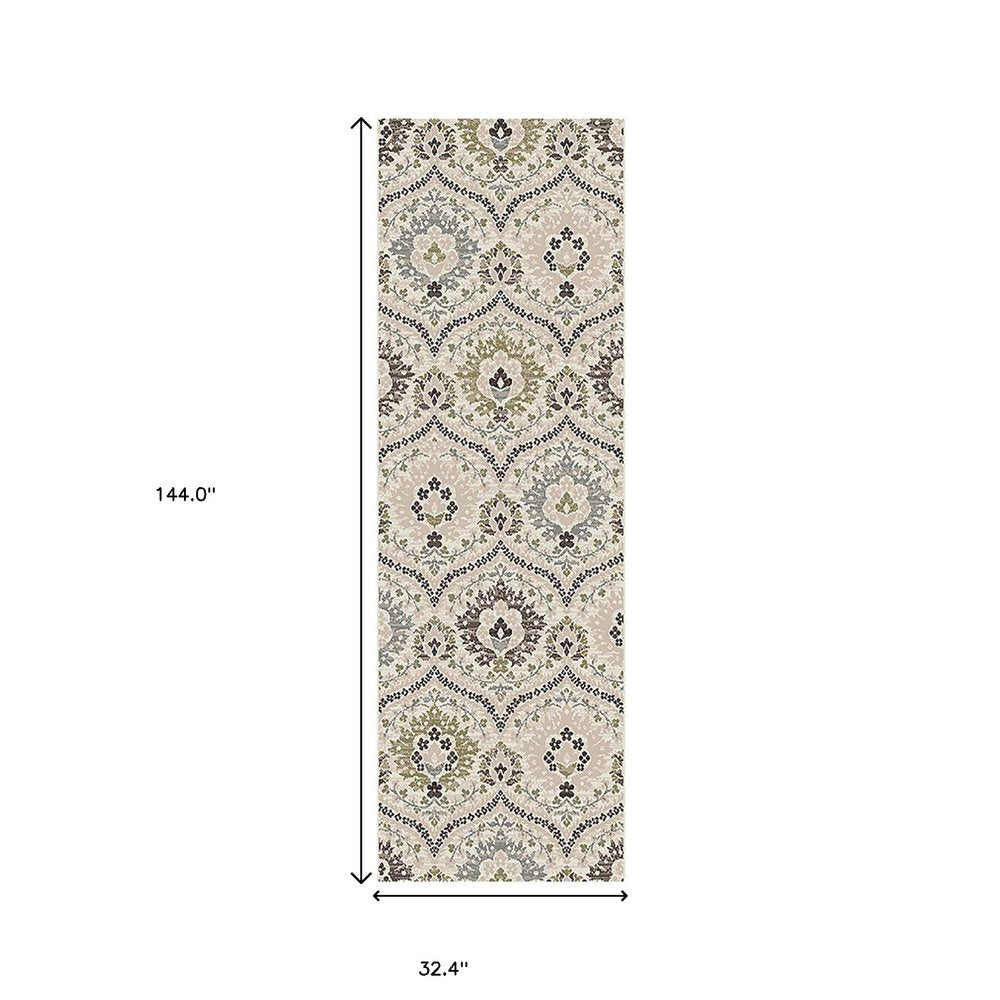 12' Black Ivory And Gray Floral Runner Rug