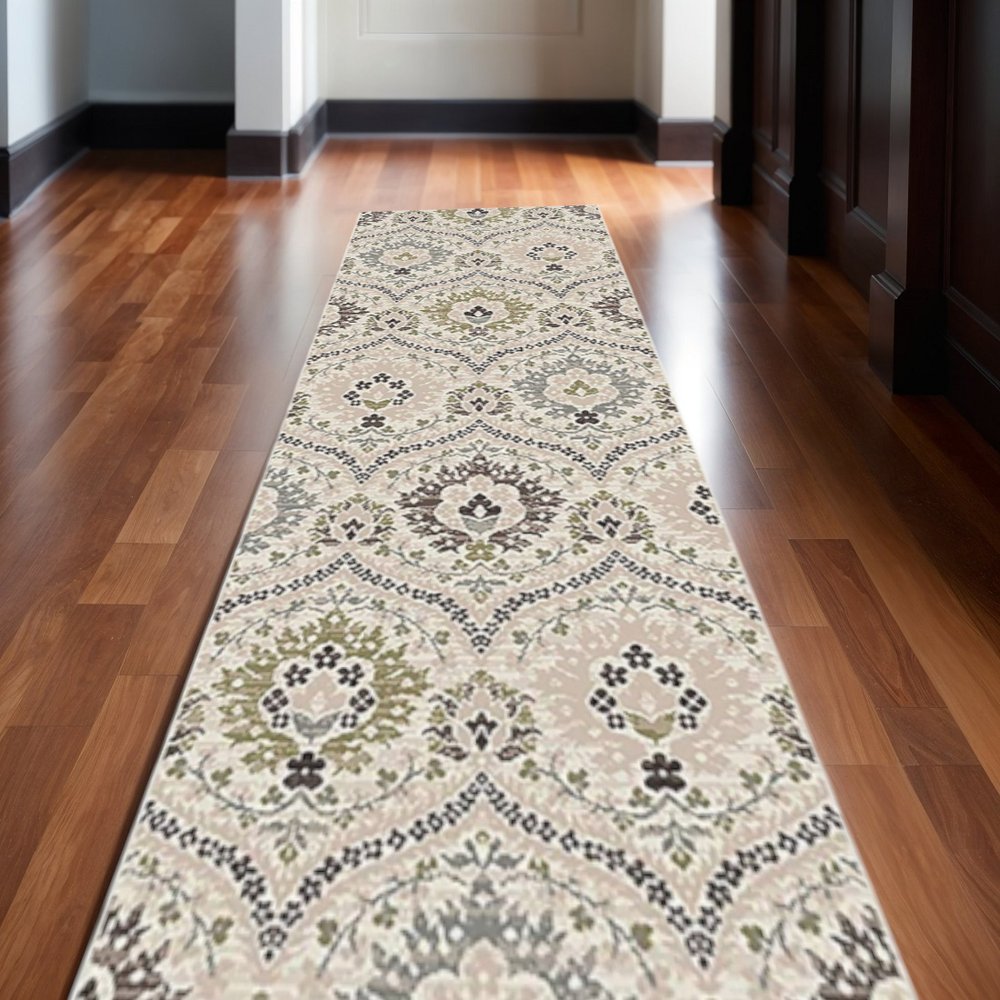12' Black Ivory And Gray Floral Runner Rug