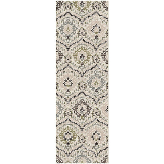 8' Ivory Gray And Olive Floral Stain Resistant Runner Rug