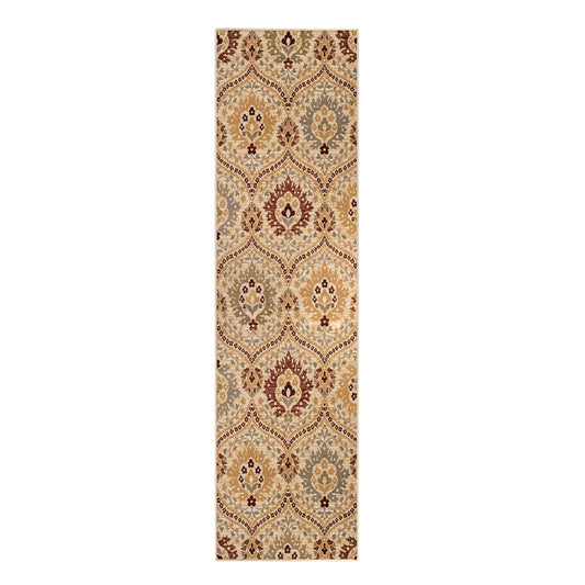 8' Camel Gray And Rust Floral Stain Resistant Runner Rug