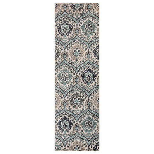 8' Ivory Blue And Gray Floral Stain Resistant Runner Rug