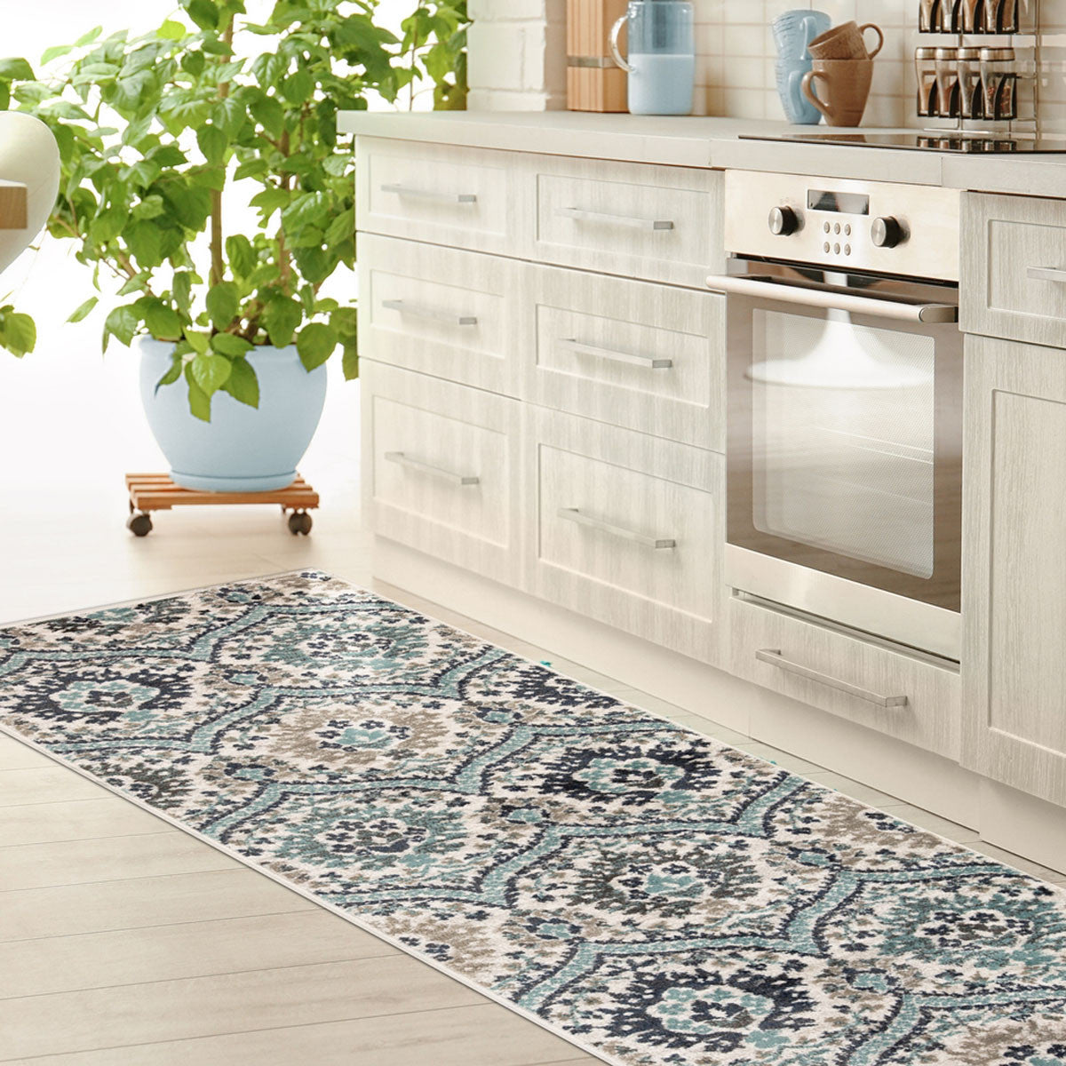 8' Ivory Blue And Gray Floral Stain Resistant Runner Rug