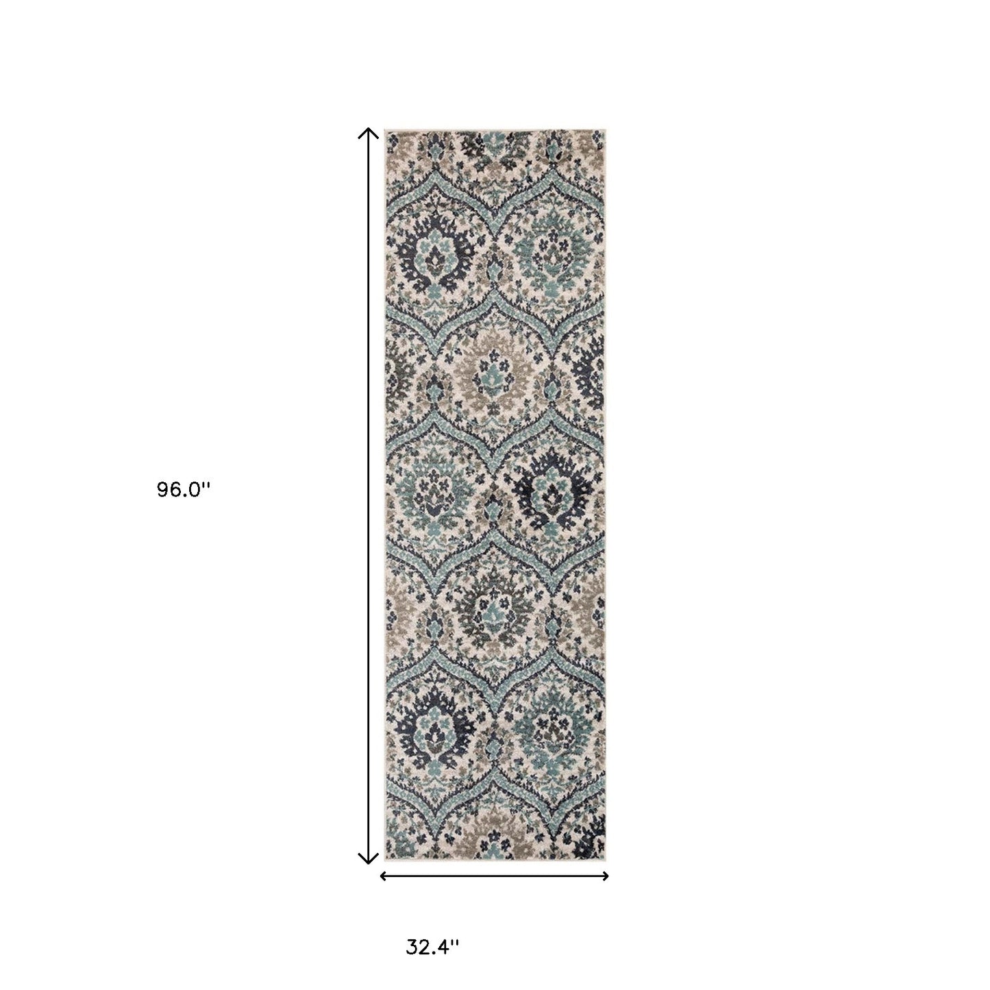 8' Ivory Blue And Gray Floral Stain Resistant Runner Rug