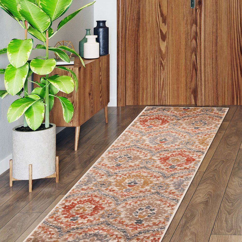 8' Orange And Ivory Floral Runner Rug