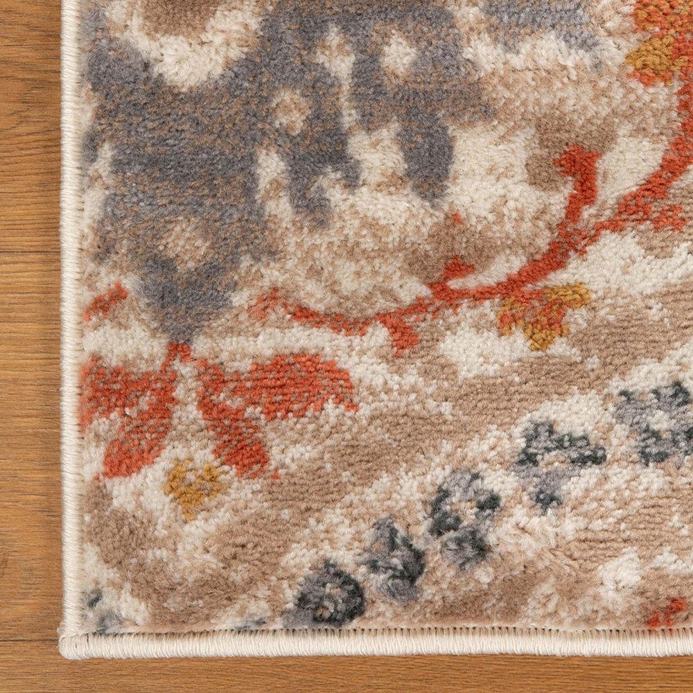 8' Orange And Ivory Floral Runner Rug