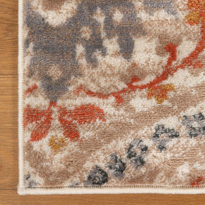 8' Orange And Ivory Floral Runner Rug