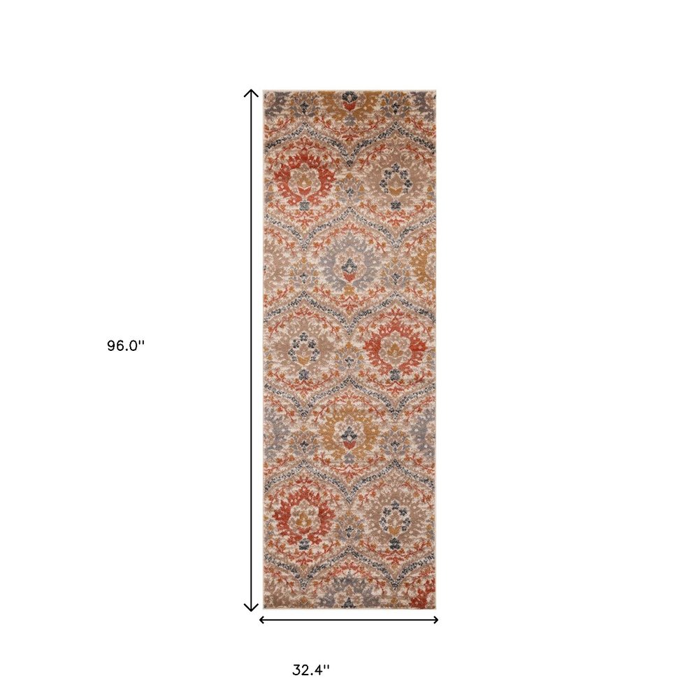 8' Orange And Ivory Floral Runner Rug
