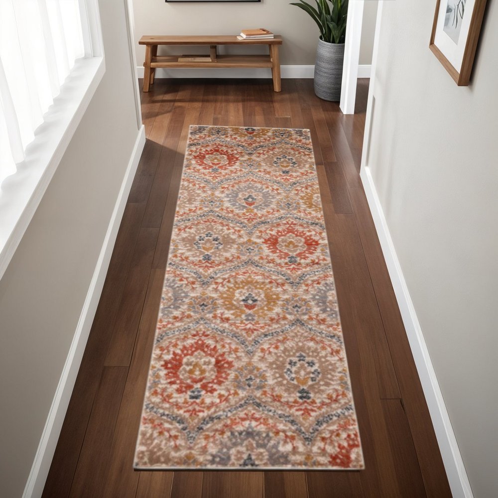8' Orange And Ivory Floral Runner Rug