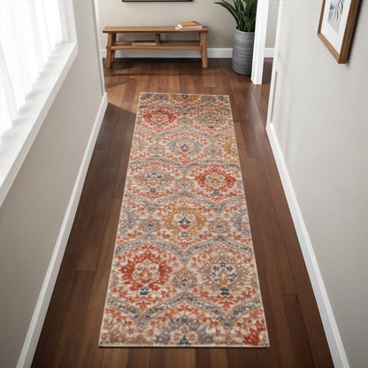 8' Orange And Ivory Floral Runner Rug