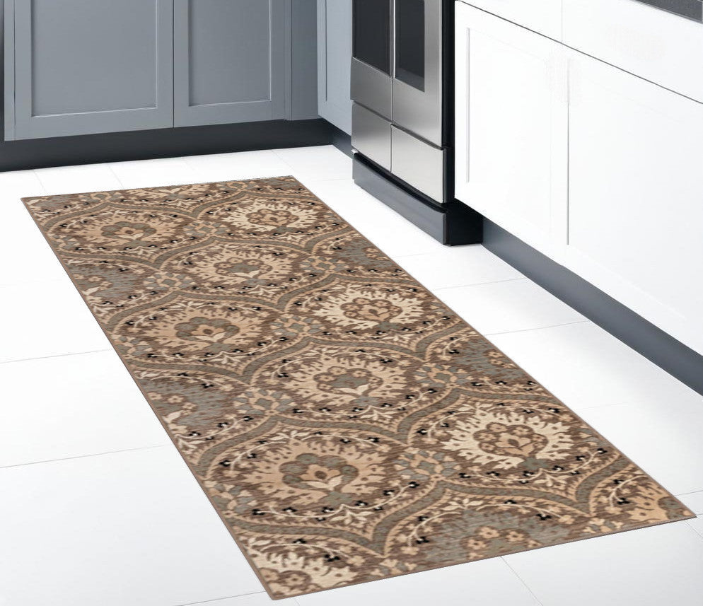 8' Ivory Beige And Light Blue Floral Stain Resistant Runner Rug