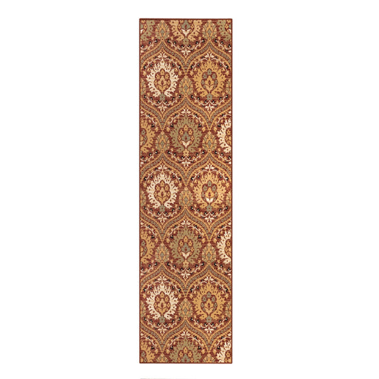 8' Red Gold And Olive Floral Stain Resistant Runner Rug