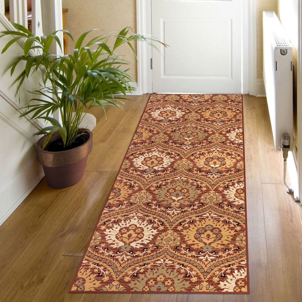 8' Red Gold And Olive Floral Stain Resistant Runner Rug