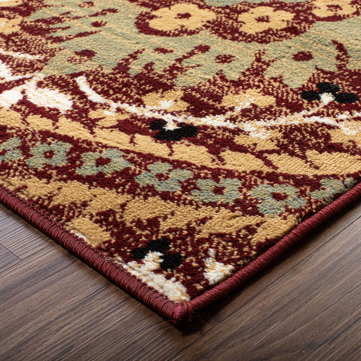 8' Red Gold And Olive Floral Stain Resistant Runner Rug