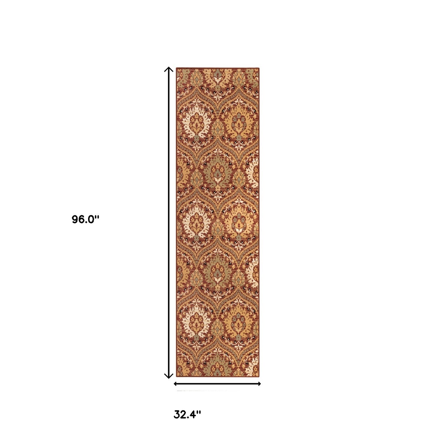 8' Red Gold And Olive Floral Stain Resistant Runner Rug