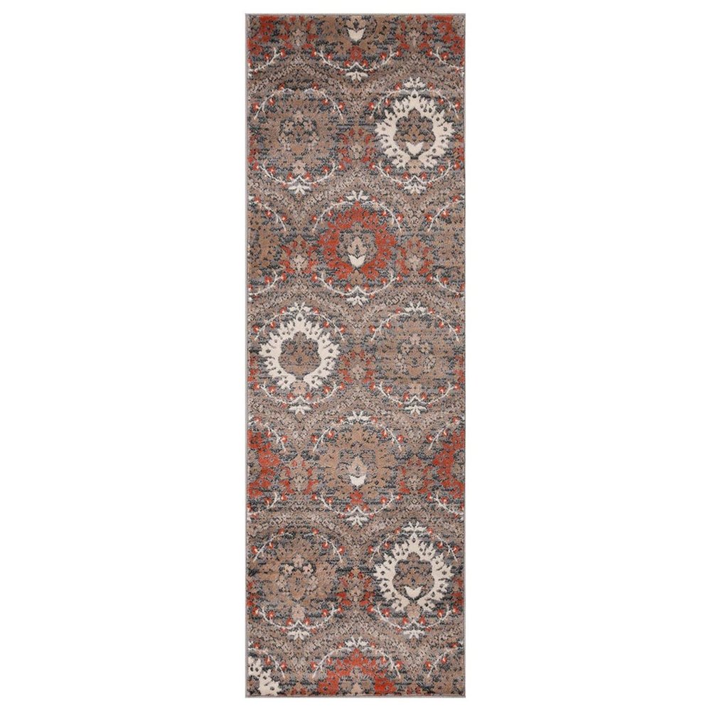 8' Rust Brown And Gray Floral Runner Rug