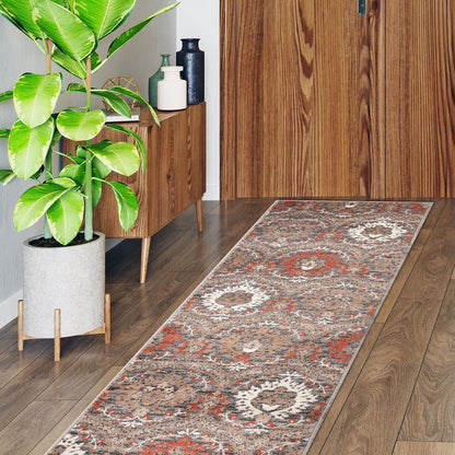 8' Rust Brown And Gray Floral Runner Rug
