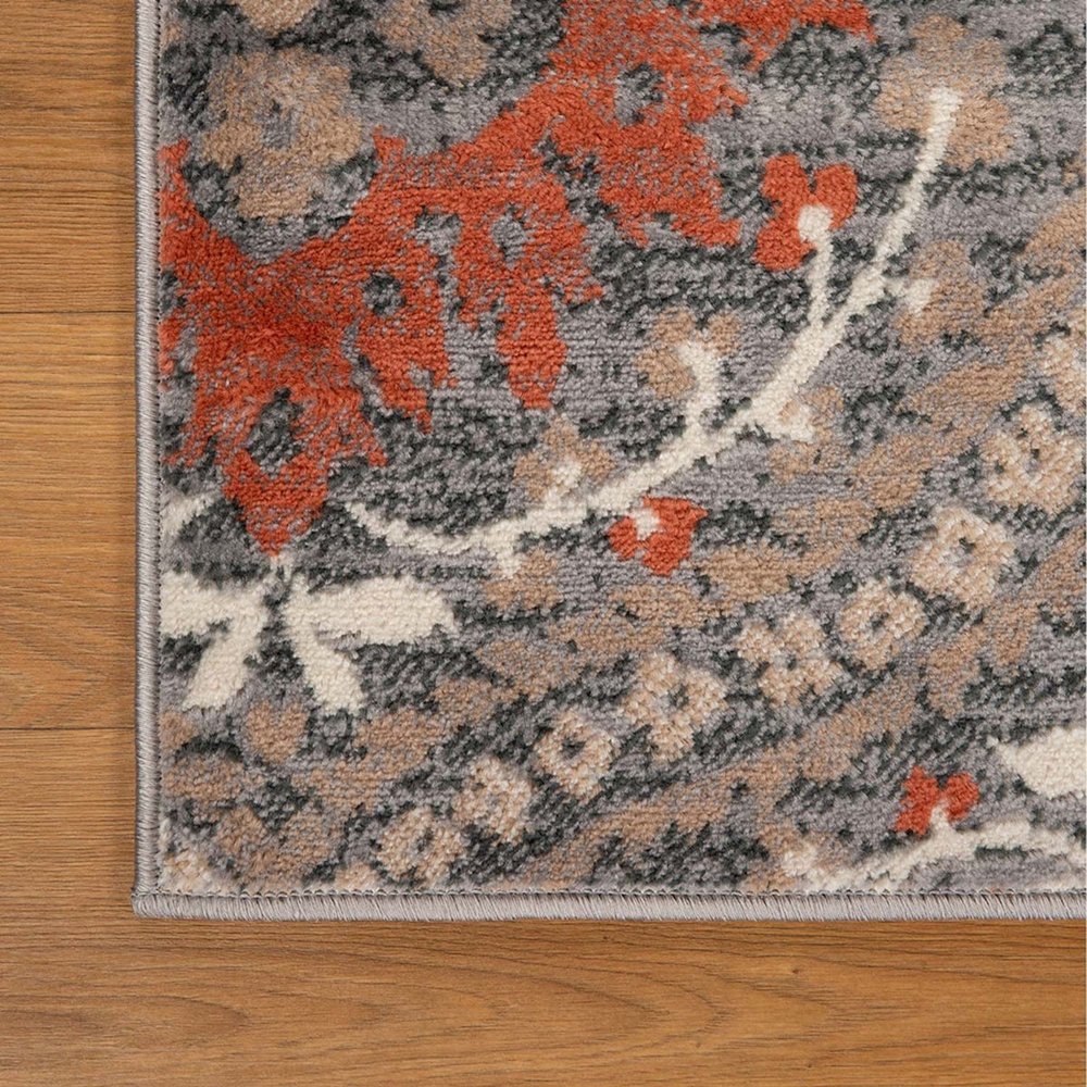8' Rust Brown And Gray Floral Runner Rug