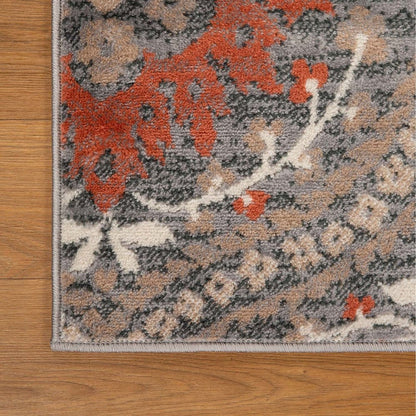 8' Rust Brown And Gray Floral Runner Rug