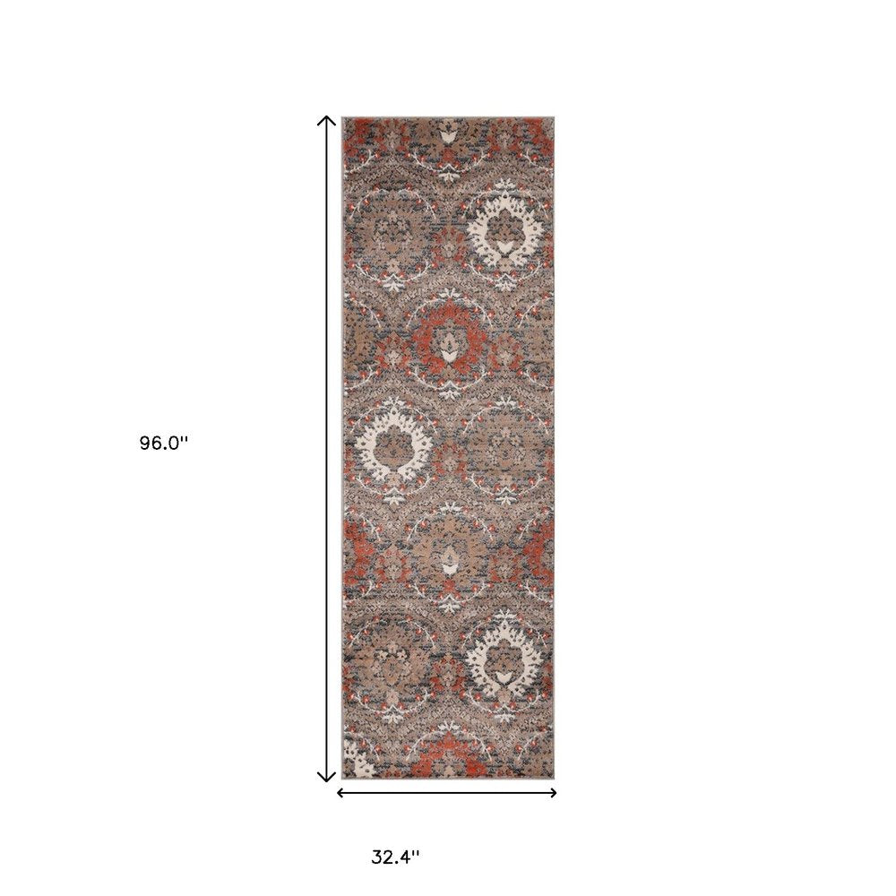 8' Rust Brown And Gray Floral Runner Rug