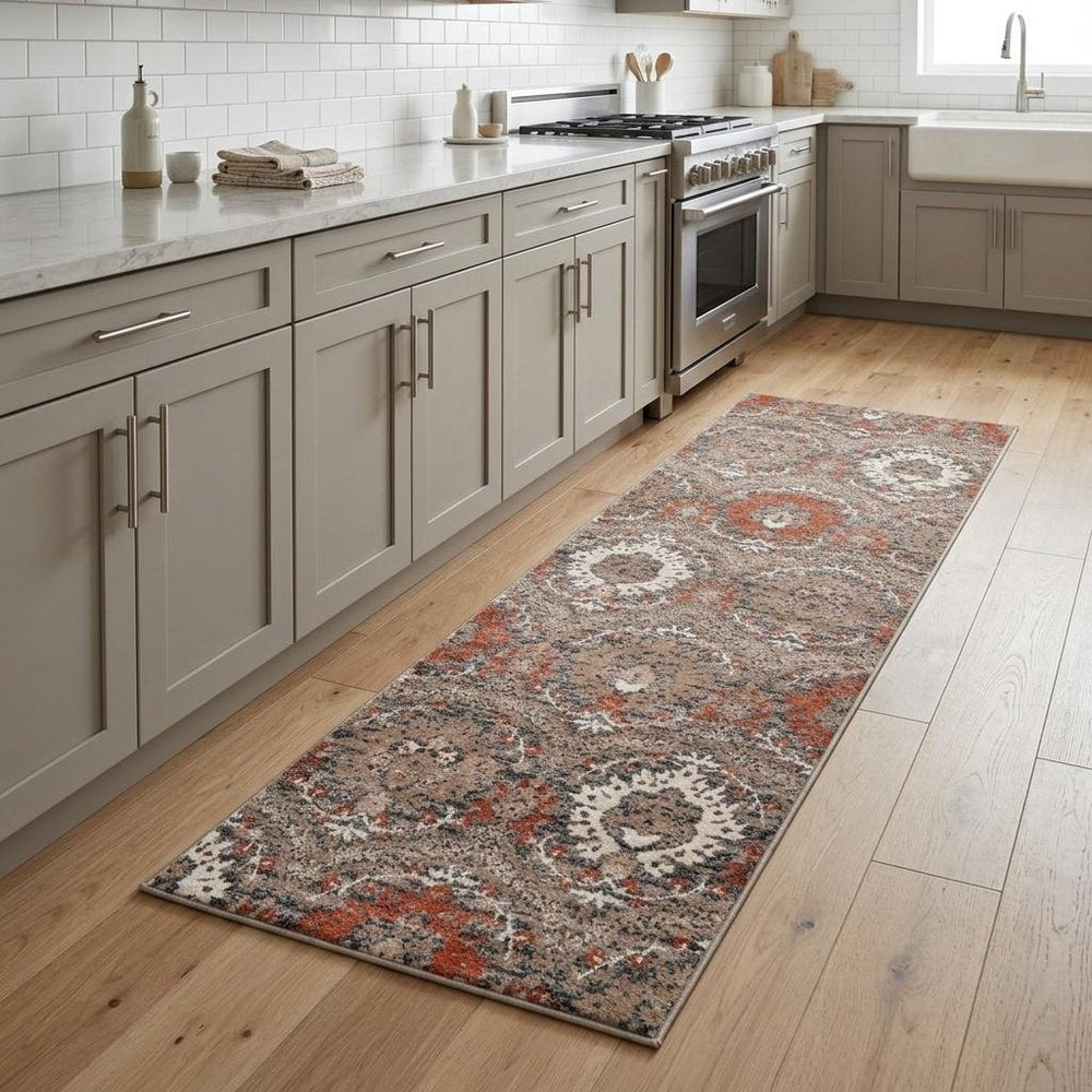 8' Rust Brown And Gray Floral Runner Rug