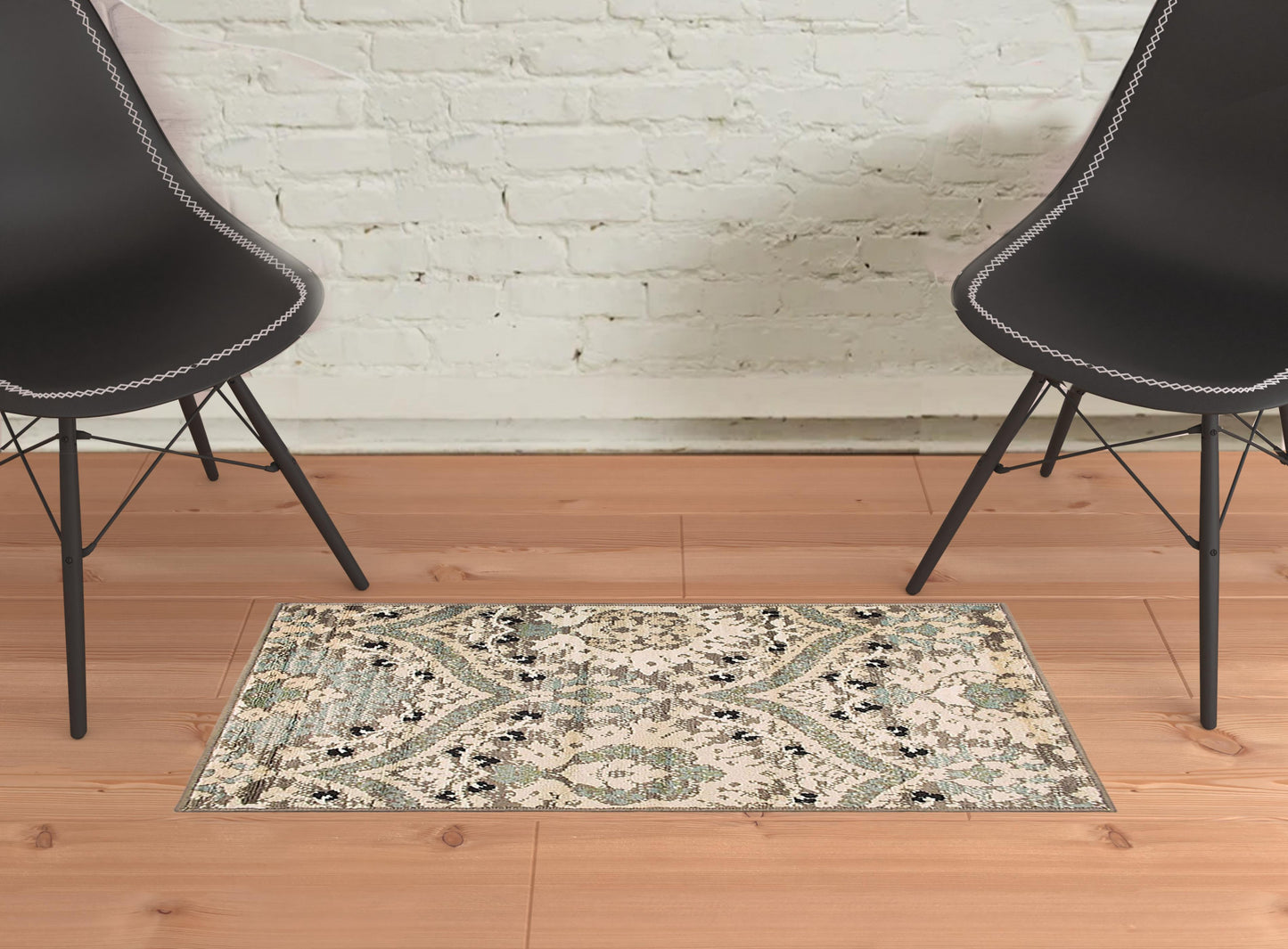 2' X 3' Ivory Beige And Light Blue Floral Stain Resistant Area Rug