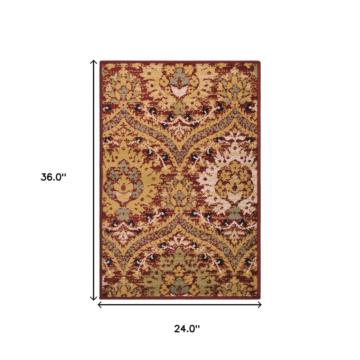 2' X 3' Red Gold And Olive Floral Stain Resistant Area Rug